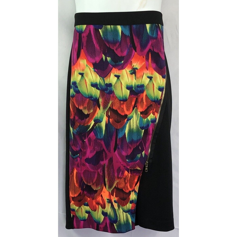 Worthington Straight skirt 12 blk Neon feather 34”W Zipper Psychedelic Festival